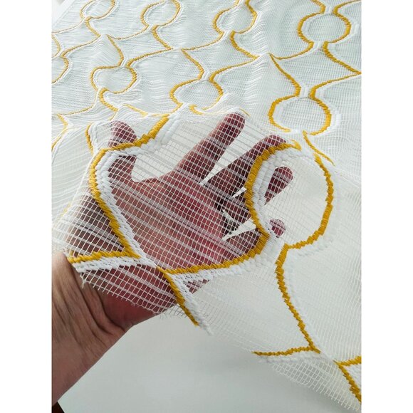 Vintage 70s curtain, yellow/orange embroidered groovy pattern, net panel - Picture 6 of 10